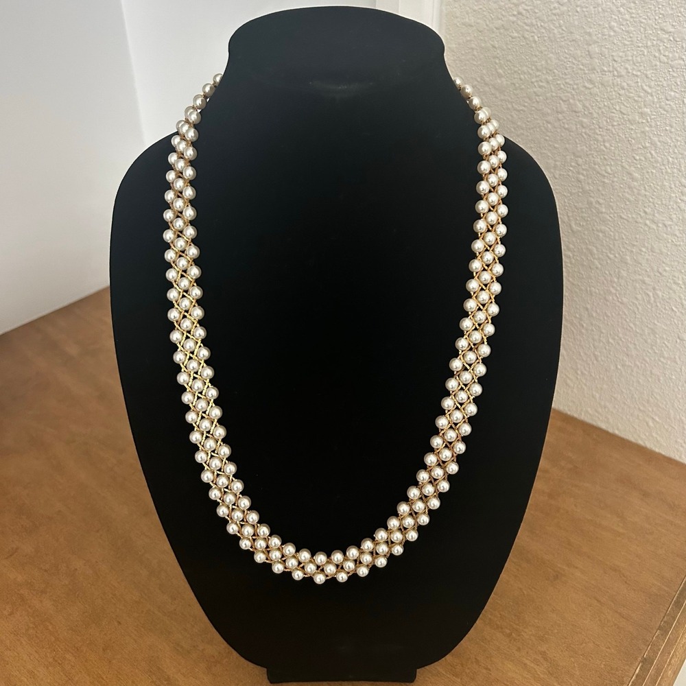 Faux Pearl Necklace Gold Tone Triple Strand Woven 22in Romantic Maximalist party
